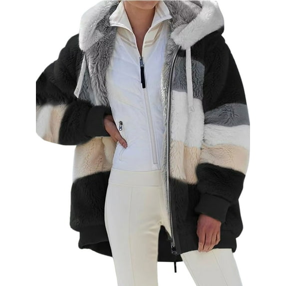 Glonme Women Outwear Hoodie Jacket Long Sleeve Coat Hooded Color Block Cardigan With Pockets Patchwork Overcoats Black 3XL