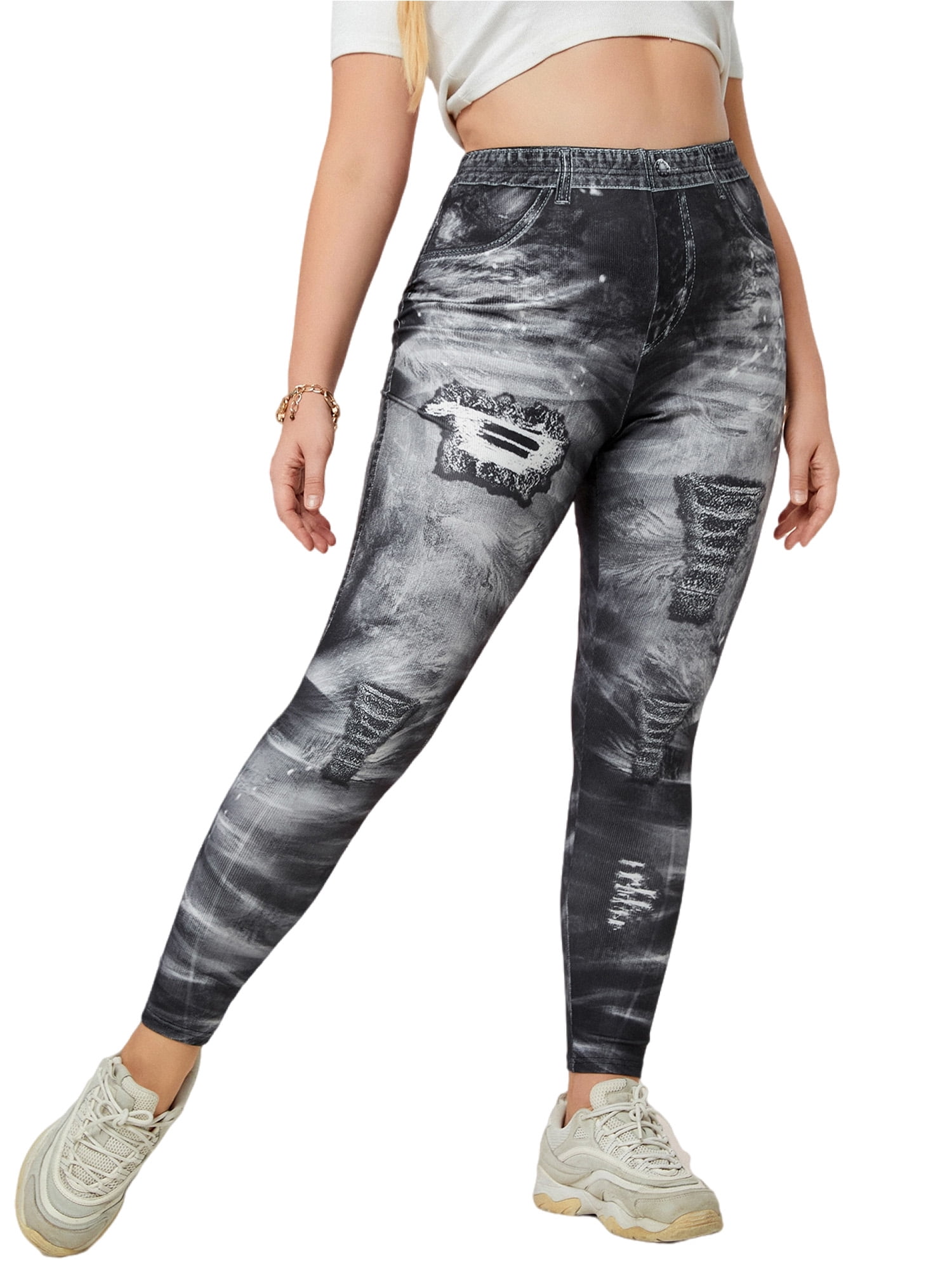 Glonme Women Plus Size Leggings Tummy Control Fake Jeans High Waist  Oversized Faux Denim Pant Yoga Slim Fit Tights Comfy Look Print Bottoms  Style-D 2XL 