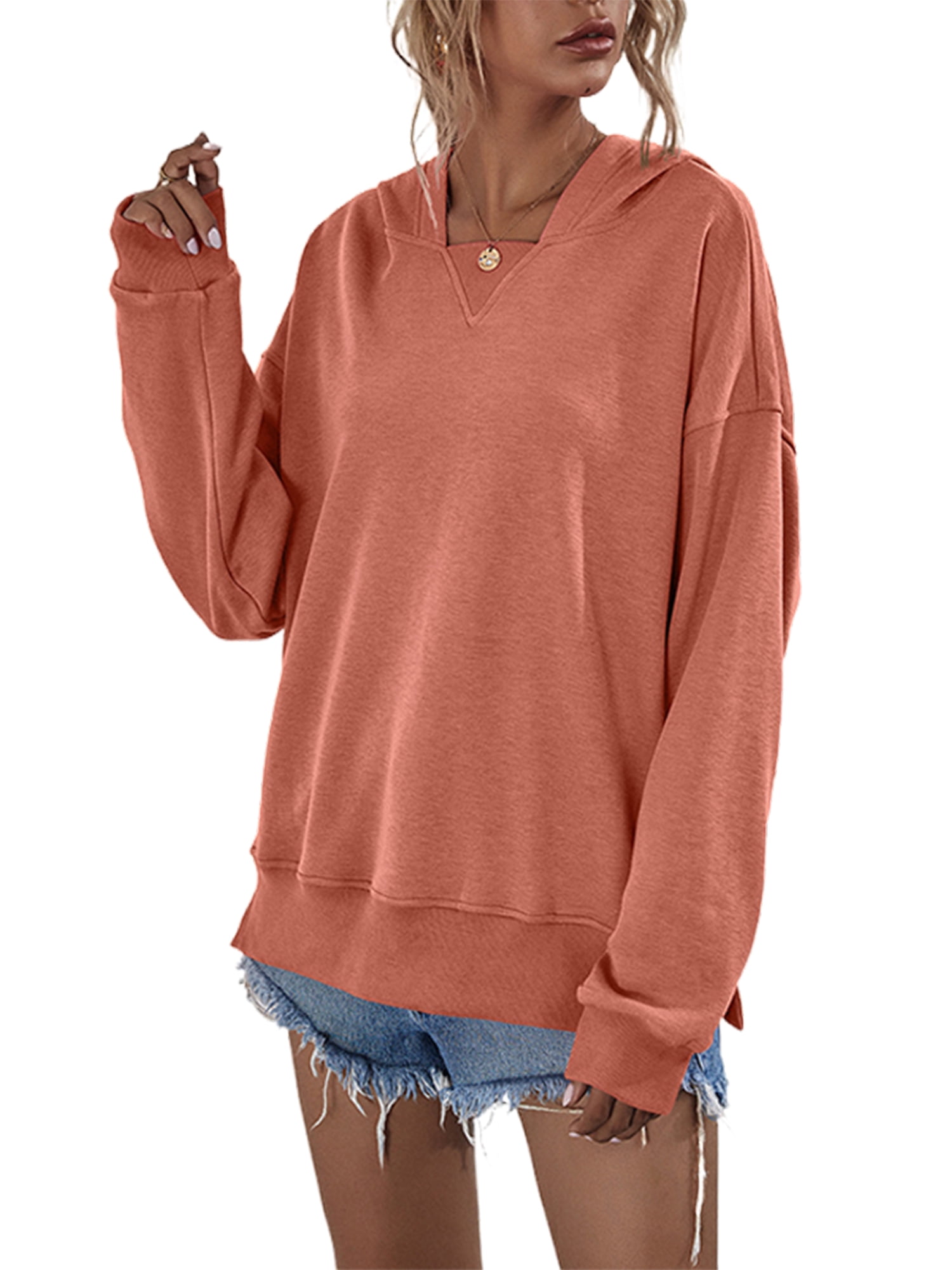 Glonme Women Solid Color Plain Hoodies Tops Casual Loose Fit