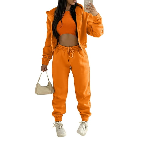 Glonme Women Tracksuit Sets Hoodies Jogger Set Long Sleeve 3 Pieces Outfit Work Athletic Hooded Cardigan Tank And Sweatpants Plain Solid Color Sweatsuits Orange L