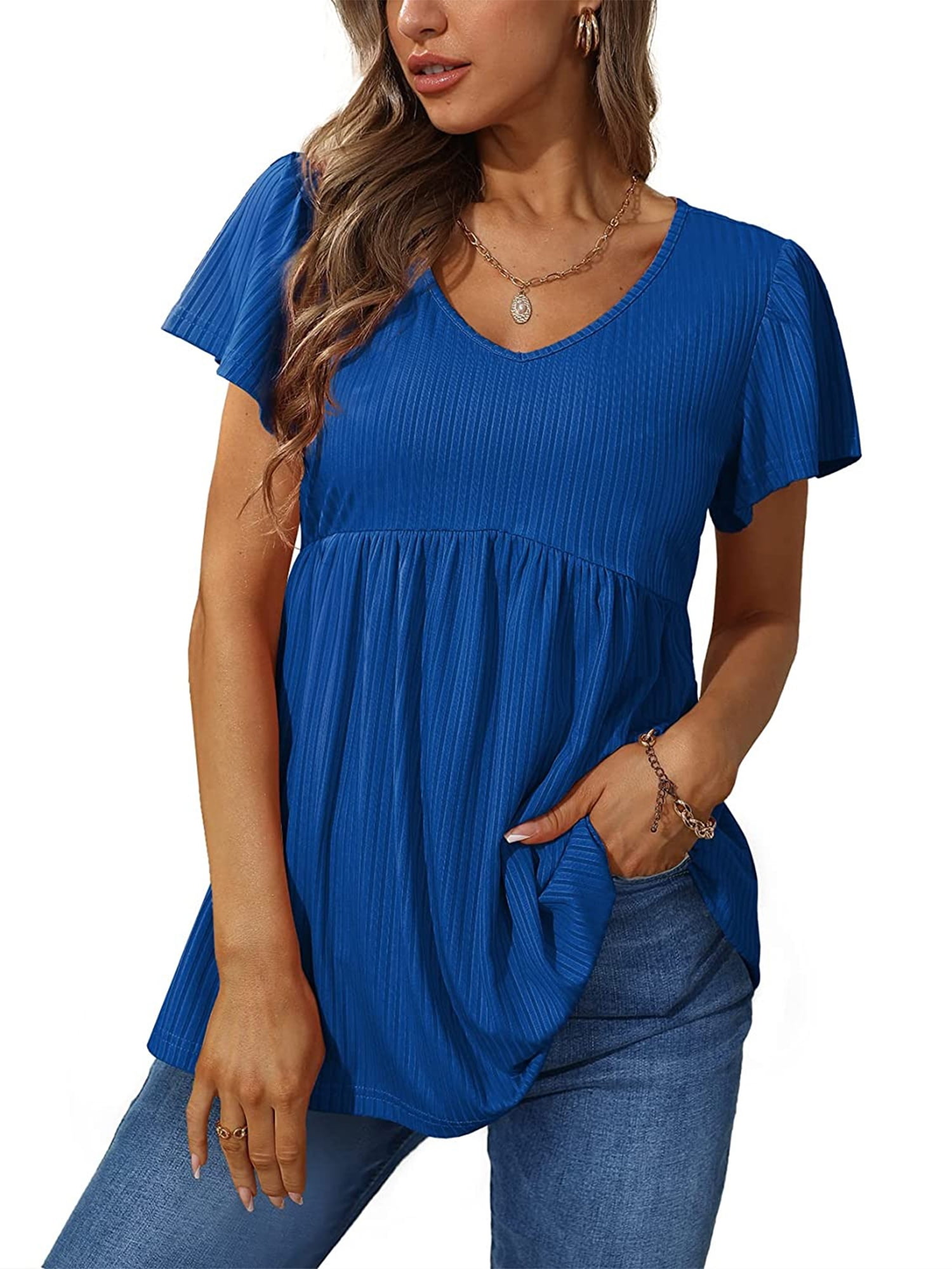 Glonme Women V Neck Comfy Blouse Casual Holiday Tee Short Sleeve Beach T  Shirt Tunic 