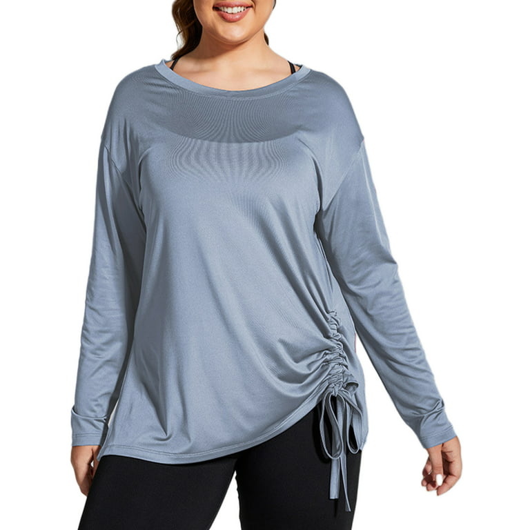 Glonme Women Yoga Shirt Crew Neck Long Shirt Workout Tops Plus Size Sport  Running Athletic Blouse Quick Dry Drawstring Hem T-shirt Blue XL 