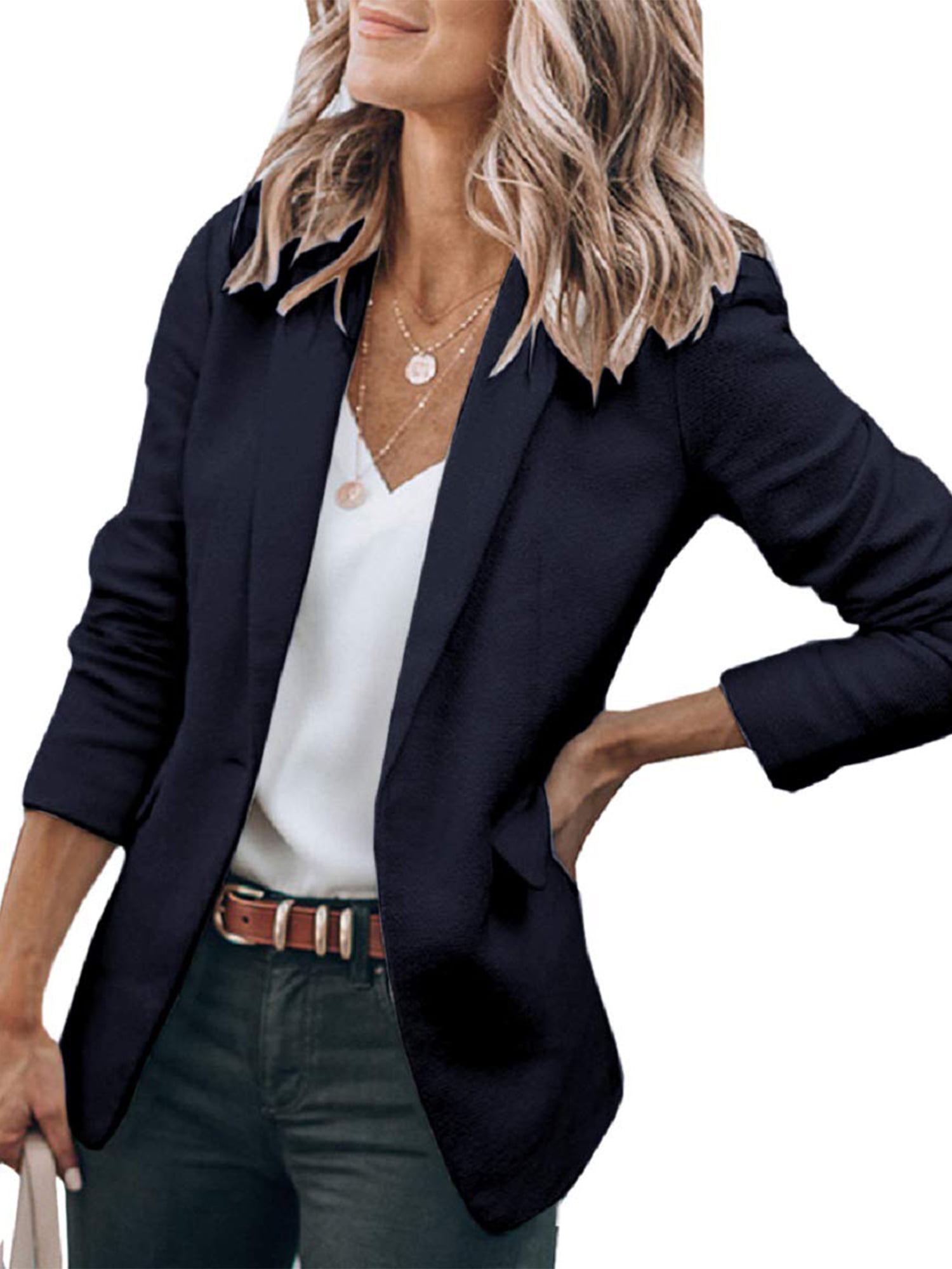 Glonme Womens Blazers Long Sleeve Casual Work Office Blazer Open Front Jacket Dark Blue M