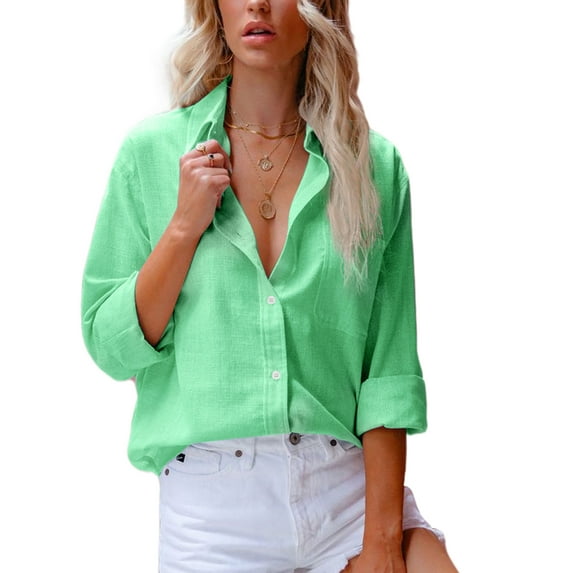 Glookwis Ladies Lapel Neck Shirts Loose Blouse Elegant Casual Tunic Shirt With Pocket Long Sleeve Tops Light Green XL