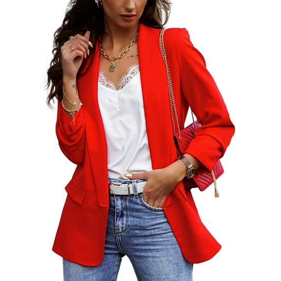 Glookwis Ladies Open Front Business Jackets Plain Cardigan Jacket Casual OL Coat Fake Pocket Suit Neck Blazers Outwear Red S