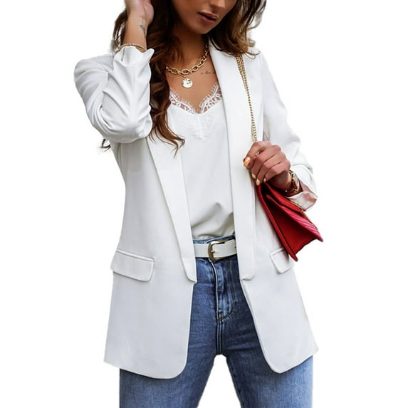 Glookwis Ladies Open Front Business Jackets Plain Cardigan Jacket Casual OL Coat Fake Pocket Suit Neck Blazers Outwear White 3XL
