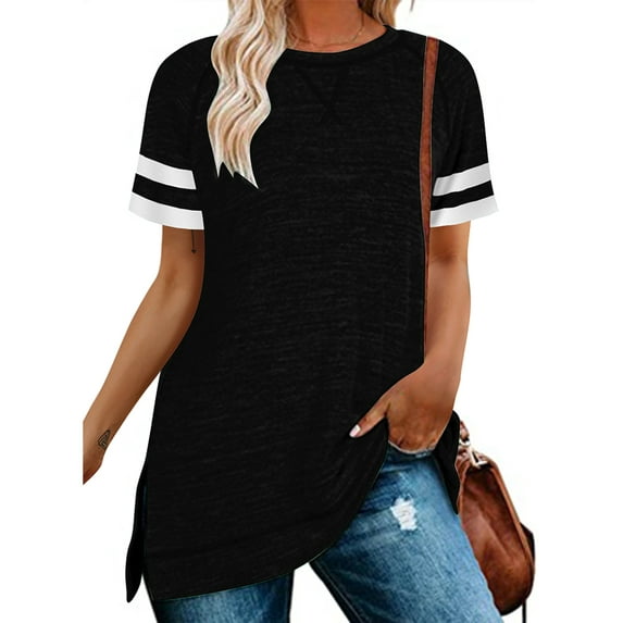 Glookwis Ladies Solid Color Tee Casual Pullover Loose Bohemian T-shirt Short Sleeve Spliced Tunic Blouse T Shirt Black XXL