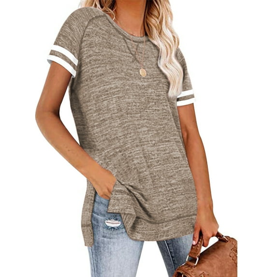 Glookwis Ladies Solid Color Tee Casual Pullover Loose Bohemian T-shirt Short Sleeve Spliced Tunic Blouse T Shirt Khaki S