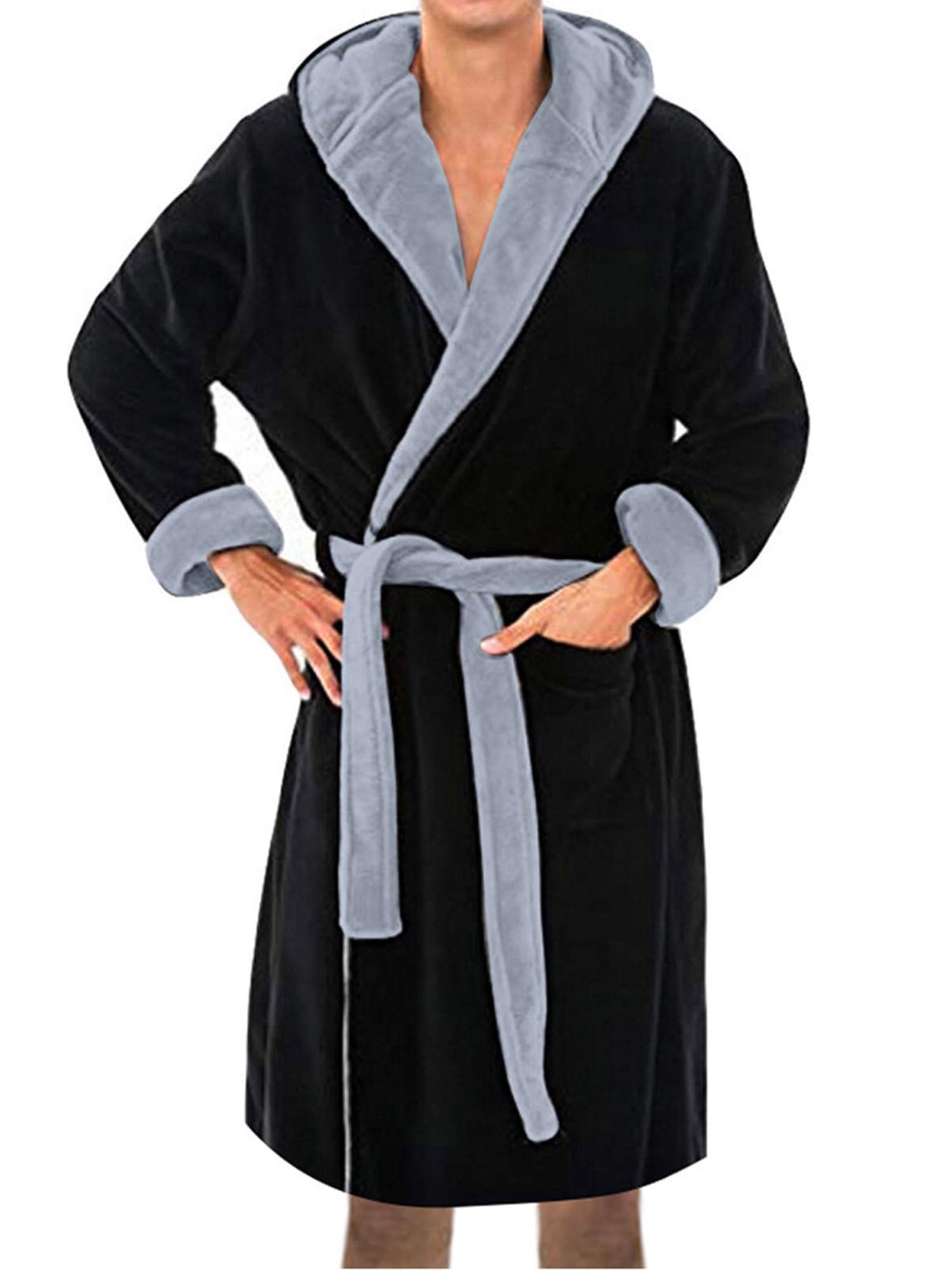 Grianlook Mens Dressing Gown Solid Color Wrap Robe Long Sleeve Bath Robes  Men Soft Nightwear Warm Hooded Towelling Black Gray M - Walmart.com