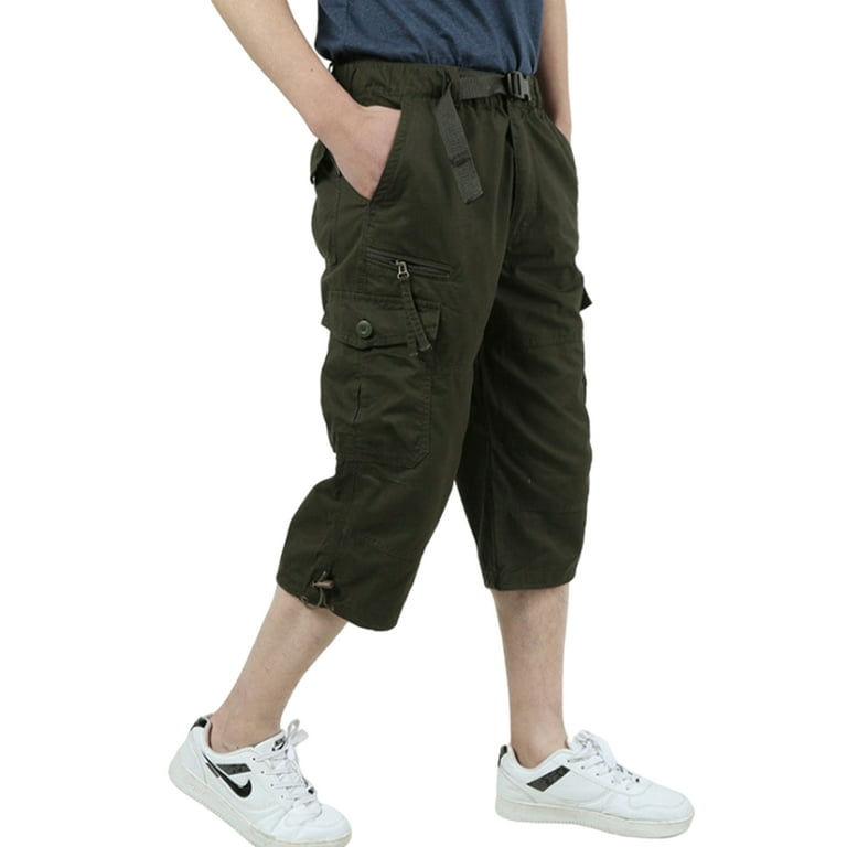 Glookwis Men Elastic Waist Capri Pant Plain Trousers Leisure Fitted Cargo  Pants With Pockets Zipper Loungewear Bottoms 