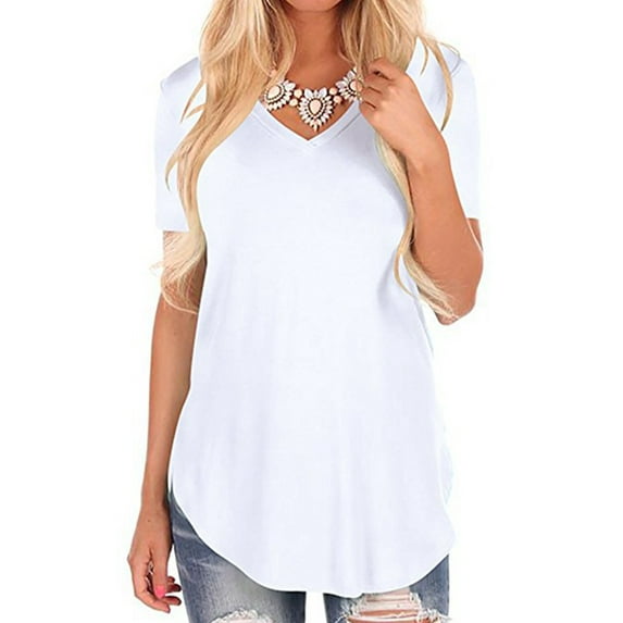 Glookwis Women Casual T Shirt Summer Casual Loose Basic T-shirt Ladies Short Sleeve V-neck Tee