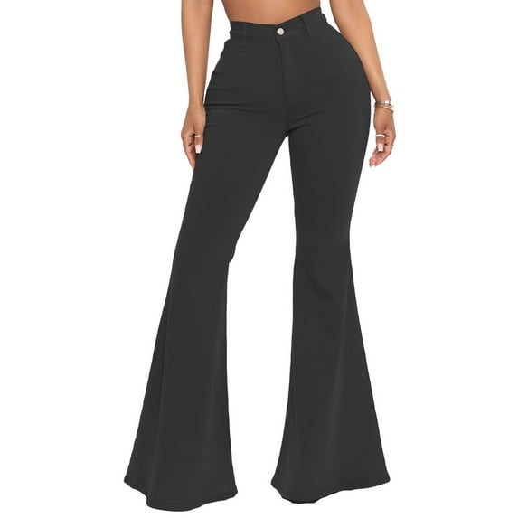 Glookwis Women Denim Pants Casual High Waist Solid Color Bell Bottoms Flare Jeans