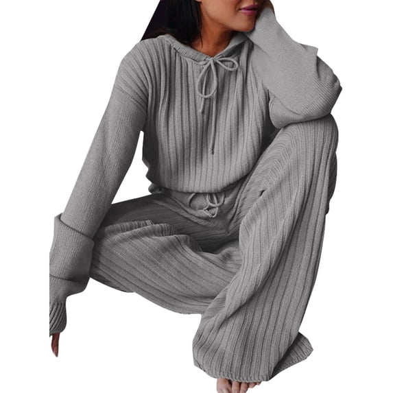 Glookwis Women Hooded Neck Pjs Baggy Tracksuit Loose Fit Sweatshirt Lounge Sets Hoodies Plain Pajamas Sleepwear Grey L