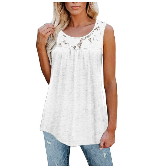Glookwis Women Sleeveless Lace Crochet Shirts Summer Casual Pleated Tunic Tops Blouse