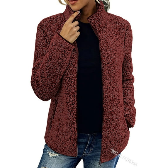 Glookwis Women Solid Color Coat Plain Overcoats Warm Zipper Fleece Jacket Long Sleeve With Pockets Outwear Claret L