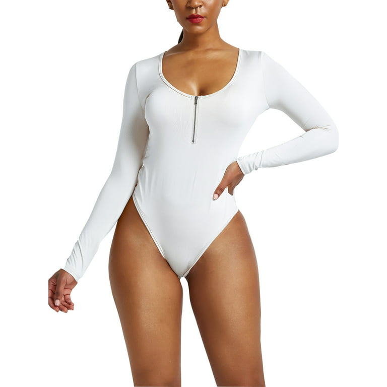 Glookwis Women Solid Color Playsuit One Piece Bodysuit Stretch Sexy Romper Long  Sleeve Scoop Neck Jumpsuit Bodysuits White L 