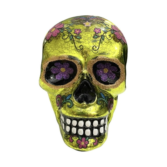 Gloom For Your Room 7.5 Inch Day of The Dead Themed Lime Green Mercury Glass Light Up Skull
