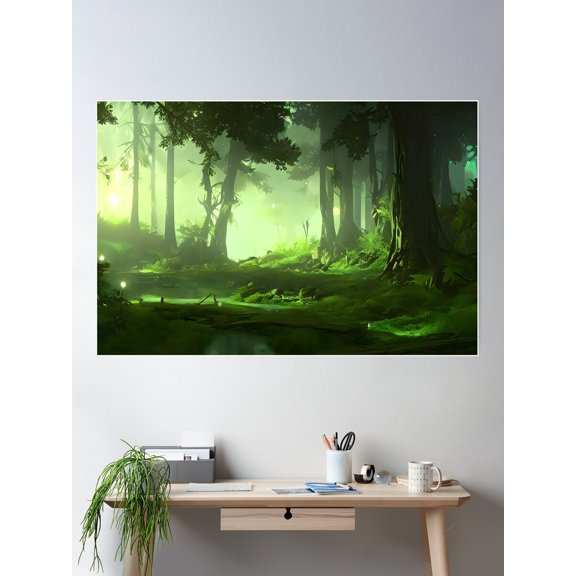 Gloomy Fantasy Forest Scene At Night With Glowing Lights 3 Poster Wall Art, Modern Wall Decor For Living Room Bedroom, 8x12 UNFRAMED