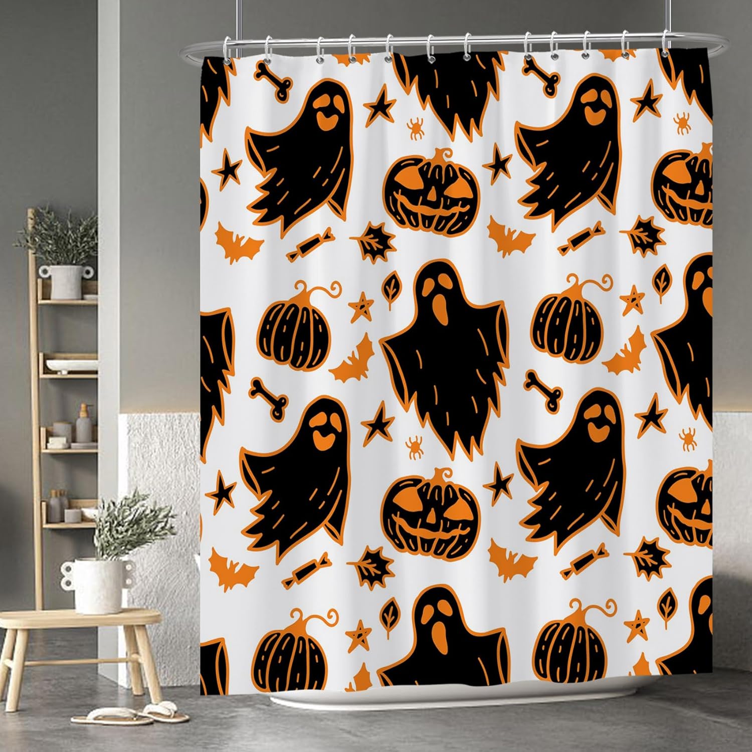 Gloomy Halloween Ghost Shower Curtain Spooky Pumpkins Funny Cute Bats ...