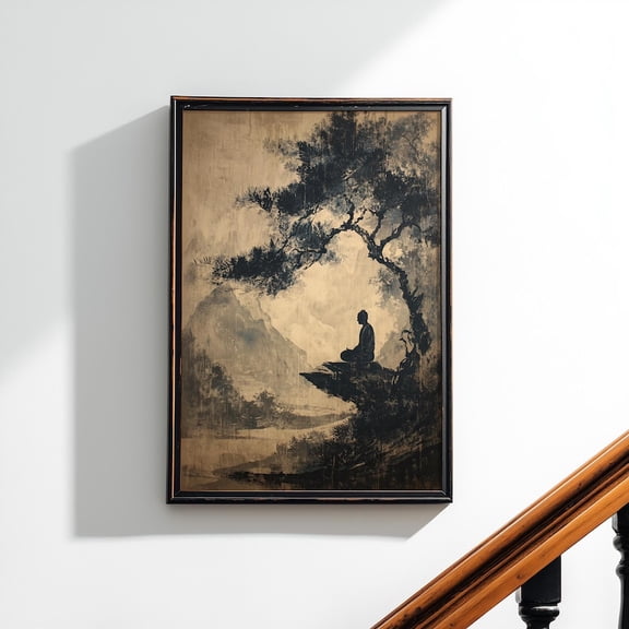 Gloomy Zen Buddha Wall Art, Bodhi Tree Wall Art, Solitude Meditation Print, Chinese Style Vintage Spiritual Wall Decor Canvas Print