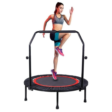 Gloppers 40'' Foldable Mini Fitness Trampoline Indoor/Outdoor Exercise Workout, Fitness Rebounder with 5 Level Adjustable Handle Bar, Max Load 300lbs