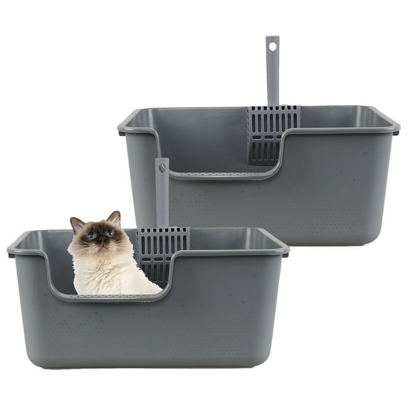 Gloreen 2 Pack Plastic High Side Cat Litter Boxes, Open Top, Include Litter Scoops, Gray