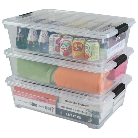Gloreen 20 L Plastic Under Bed Storage Bin with Wheels, 3 Pack Clear Lidded Storage Boxes