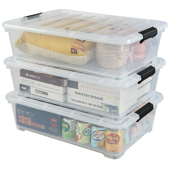 Gloreen 25 L Plastic Underbed Storage Container with Wheels, Clear Under Bed Latching Storage Boxes, 3-Pack
