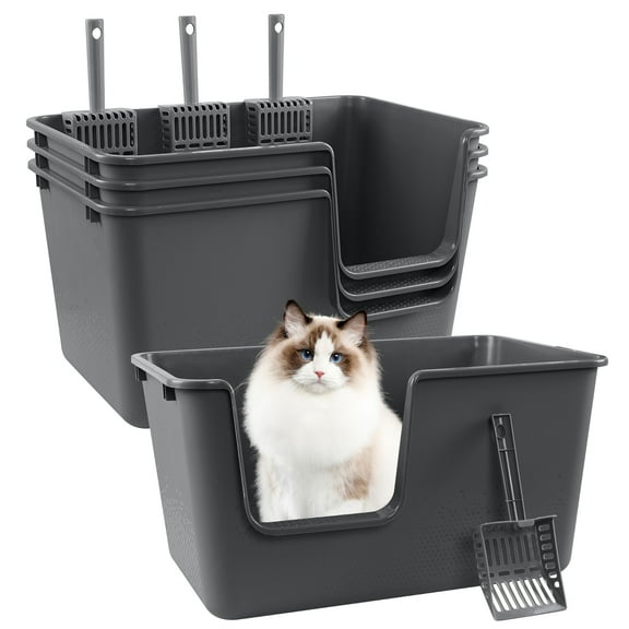 Gloreen 4-Pack Large Cat Litter Box with High Sides, Plastic Open Top Cat Litter Box, Grey