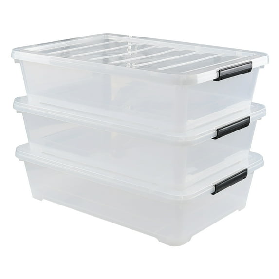 Gloreen 40 L Plastic Under Bed Storage Box on Wheels, Large Clear Lidded Storage Bin, 3 Pack