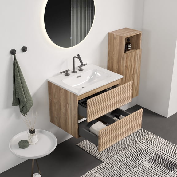 Gloria 24" Wall Mounted Rough Oak&Rough Oak Bathroom Vanity with Integrated Ceramic Sink with 3 holes, Overflow, Large Storage Floating Bathroom Vanity for Modern Bathroom, KD