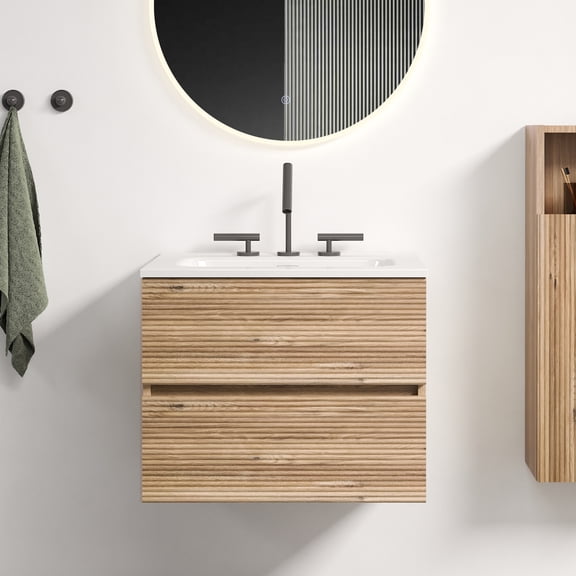 Gloria 24" Wall Mounted Rough Oak&Rough Oak Bathroom Vanity with Integrated Ceramic Sink with 3 holes, Overflow, Large Storage Floating Bathroom Vanity for Modern Bathroom, KD