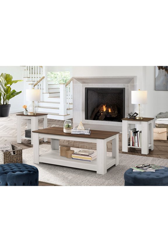 Gloria 3-Piece Coffee Table Set, Rectangular Coffee Table with Square End Tables, Modern Open Shelf Living Room Furniture, Brown/Light Grey
