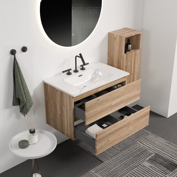 Gloria 30" Wall Mounted Rough Oak&Rough Oak Bathroom Vanity with Integrated Ceramic Sink with Overflow, with 3 holes, Large Storage Floating Bathroom Vanity for Modern Bathroom, KD