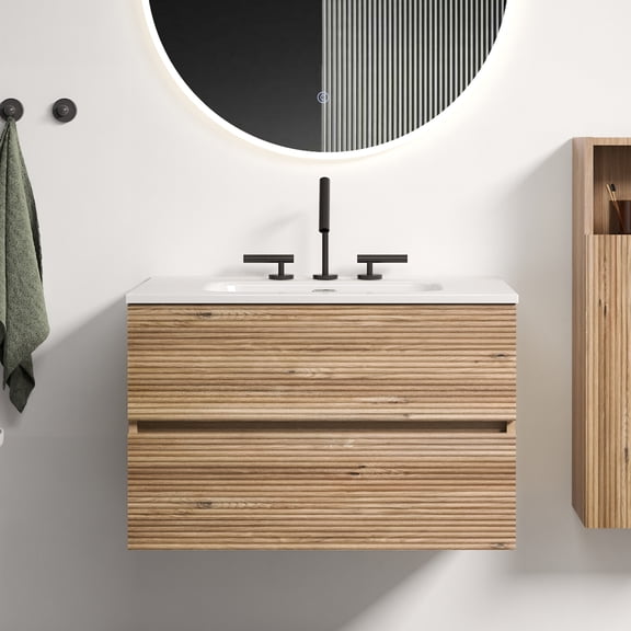 Gloria 30" Wall Mounted Rough Oak&Rough Oak Bathroom Vanity with Integrated Ceramic Sink with Overflow, with 3 holes, Large Storage Floating Bathroom Vanity for Modern Bathroom, KD
