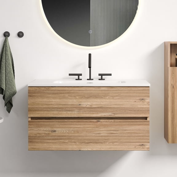 Gloria 36" Wall Mounted Rough Oak&Rough Oak Bathroom Vanity with Integrated Ceramic Sink with Overflow, with 3 holes, Large Storage Floating Bathroom Vanity for Modern Bathroom, KD