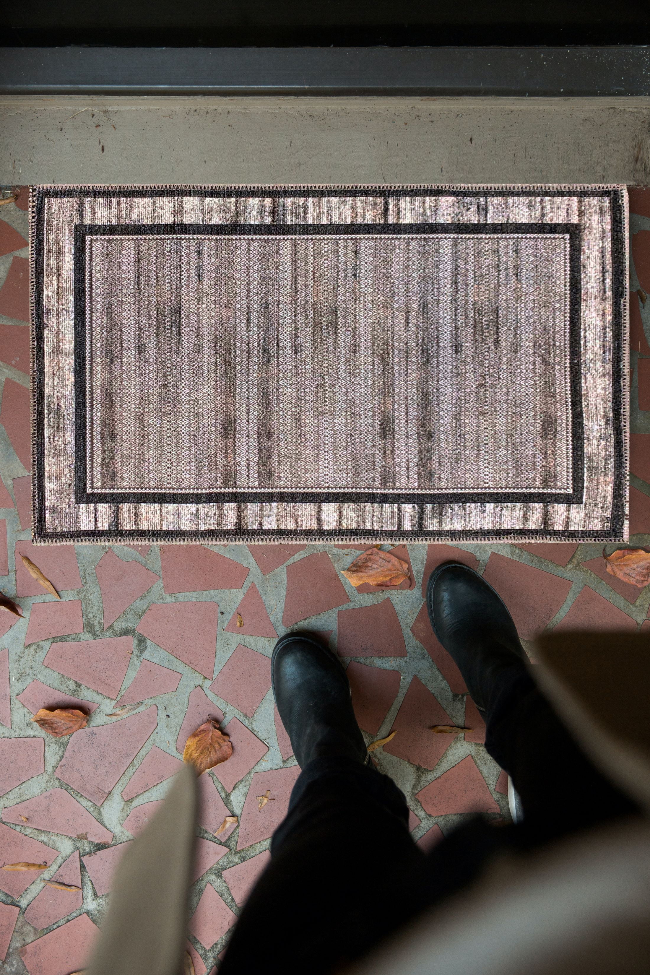 Gloria Door Mat Landing Mat Low Profile Bordered Washable Runner Rug Non Slip Mat for Living