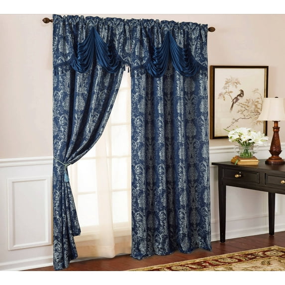Gloria Floral/Damask Textured Jacquard 54 x 84 in. Single Rod Pocket Curtain Panel w/Attached 18 in. Valance