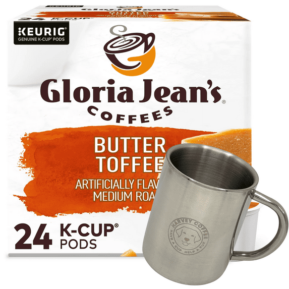 Gloria Jeans Butter Toffee K Cups Flavored Coffee & 1 Stainless Steel Camping Mug (10 oz) Bundle - Single-Serve Medium Roast for Keurig Brewers - 1 box 24 count (ct) pods