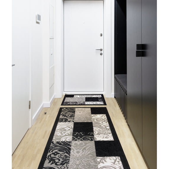 Gloria- Kitchen Rug Non-Skid Runner Kitchen Mats for Floor Non-Slip Hallway Runners with Rubber Backing Entryway Hallway Floor Mat Low Profile Door Mat (2' x 10') Gray Black Squares