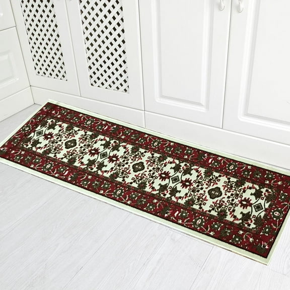 Gloria- Kitchen Rug Non-Skid Runner Kitchen Mats for Floor Non-Slip Hallway Runners with Rubber Backing Entryway Hallway Floor Mat Low Profile Door Mat (20" x 57") Red and Cream Flower Design