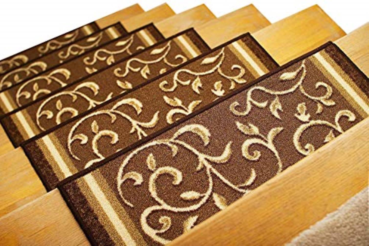 Gloria Non Slip Rubber Back Stair Carpet Brown Polypropylene Floral Staircase & Floor Step Stair