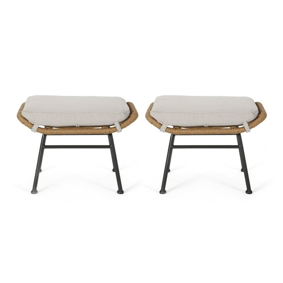 Gloria Outdoor Modern Boho Wicker Ottoman with Cushions (Set of 2)