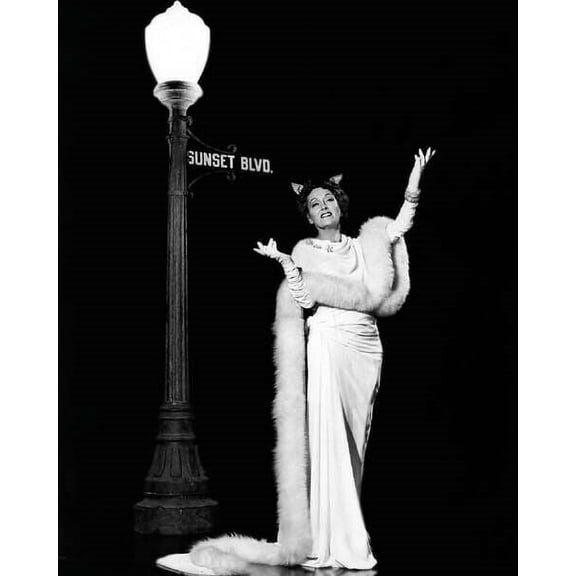 Gloria Swanson full length pose in gown & fur by Sunset Blvd sign poster 24x36
