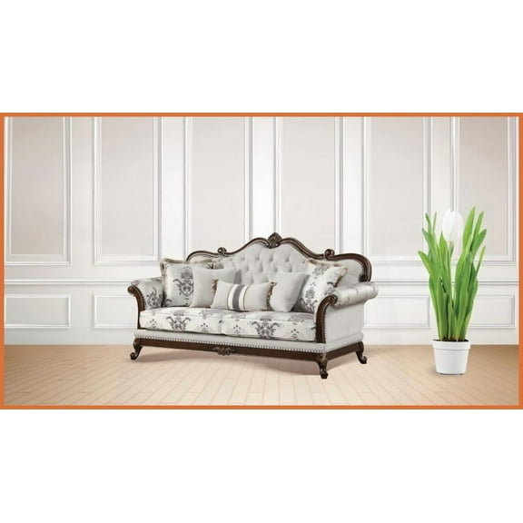 Gloria Traditional Royal Ivory Sofa Intricate Floral Upholstery & Button Tufting