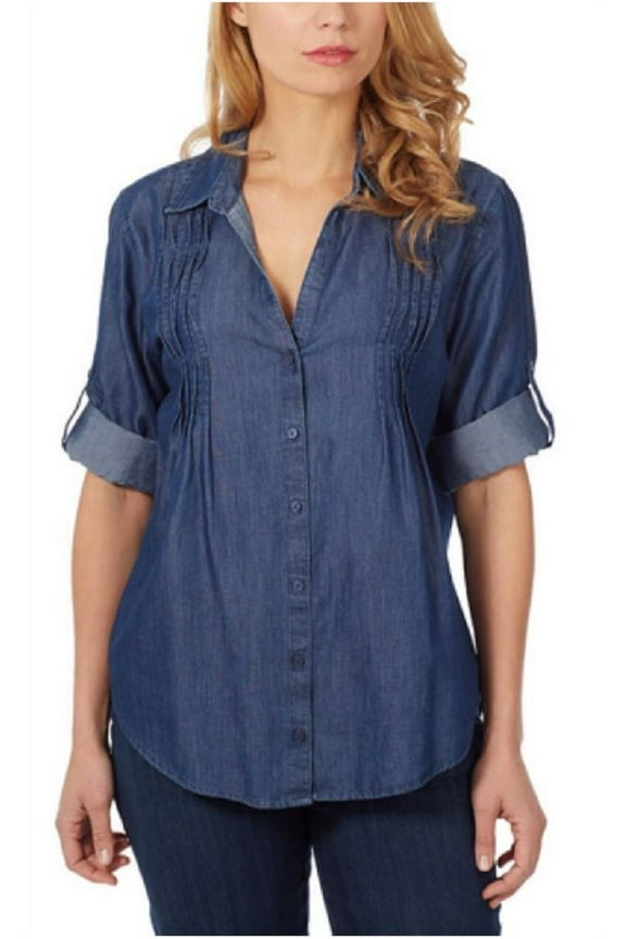 "GISELLE" Pintuck Roll-Tab Sleeve Blouse (Medium Blue, Small)