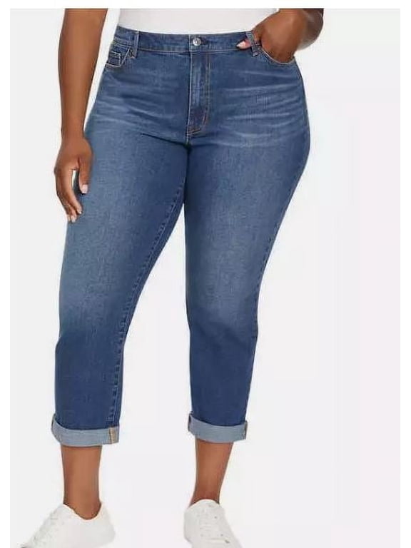 Ladies' Cuffed Boyfriend Jeans Mid Rise, Dark Denim, 8
