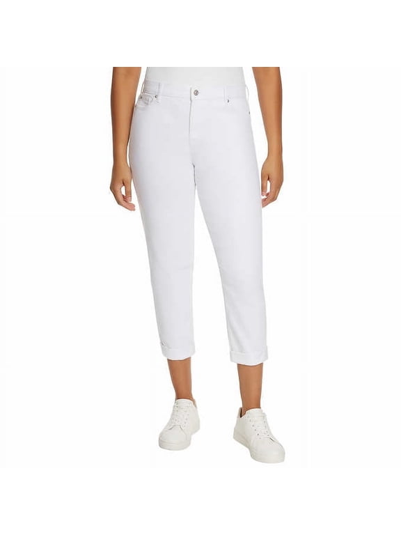 Ladies' Cuffed Boyfriend Jeans Mid Rise, White, 12