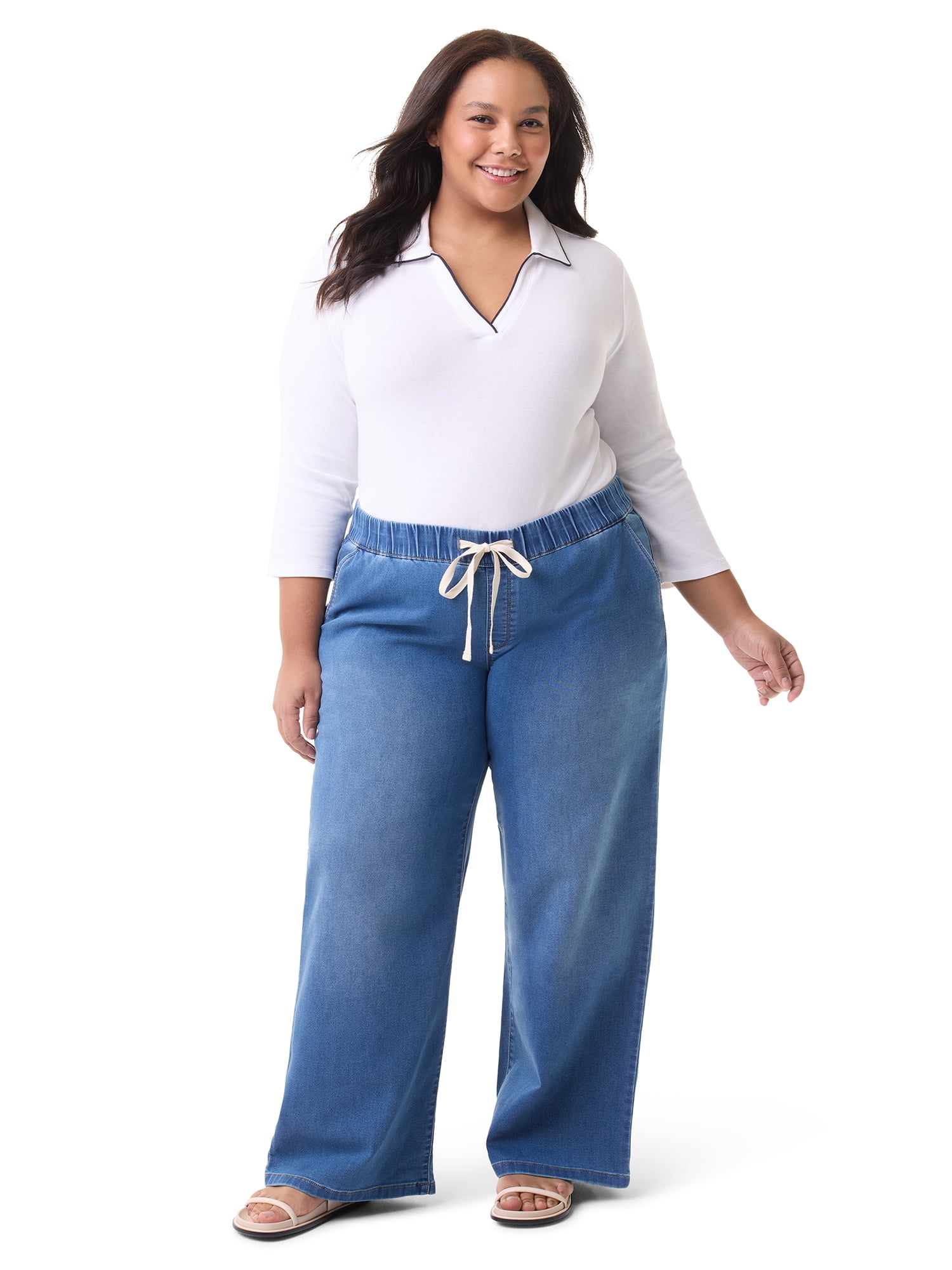 Swan Series Women's Plus Drawstring Pull On Wide Leg Jeans, Sizes 0X-4X