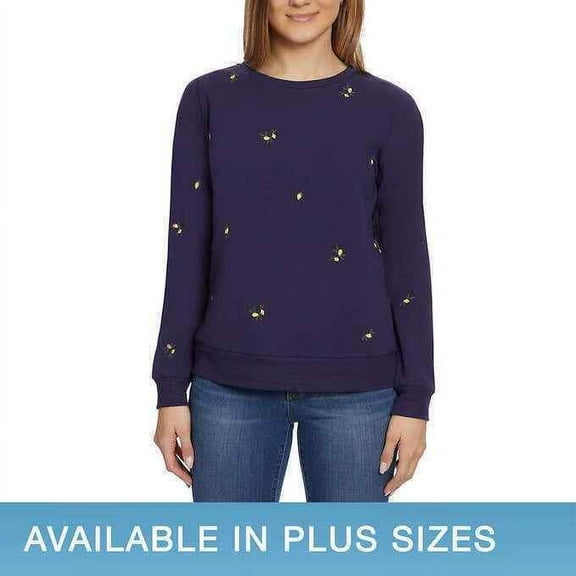 Gloria Vanderbilt Women's Floral Embroidered Crewneck Pullover Sweater Top-Blue / XL